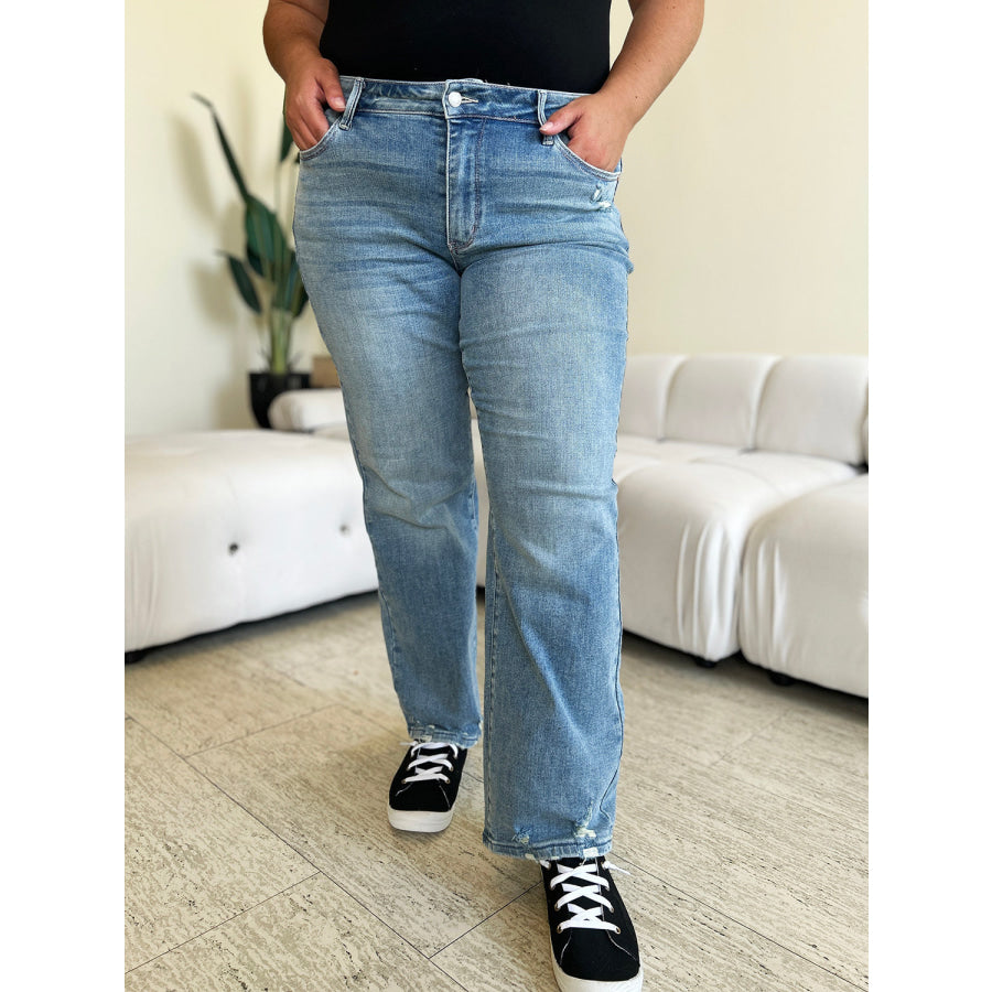 Judy Blue Full Size High Waist Distressed Straight Jeans Apparel and Accessories