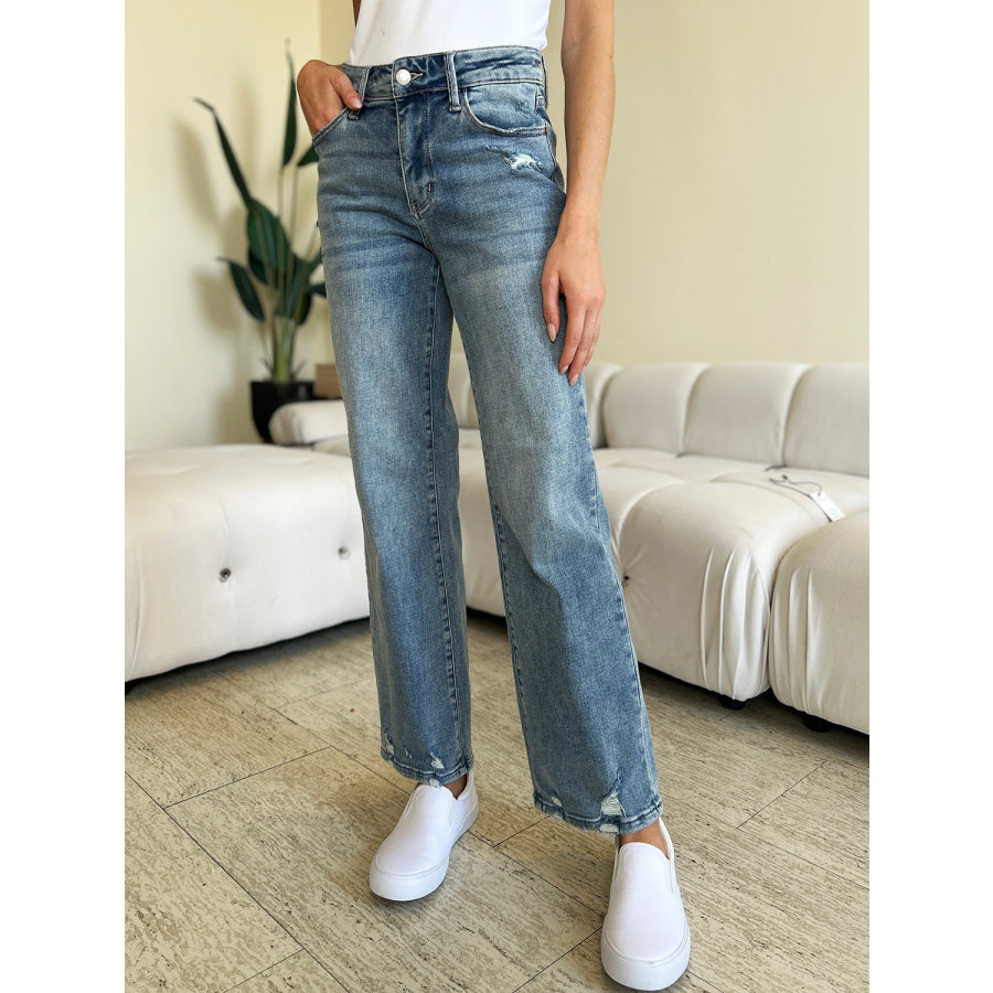 Judy Blue Full Size High Waist Distressed Straight Jeans Apparel and Accessories