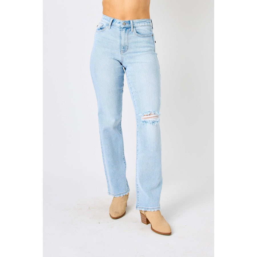 Judy Blue Full Size High Waist Distressed Straight Jeans Light / 0(24) Apparel and Accessories