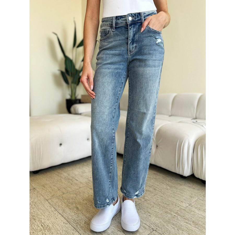 Judy Blue Full Size High Waist Distressed Straight Jeans Medium / 3/26 Apparel and Accessories