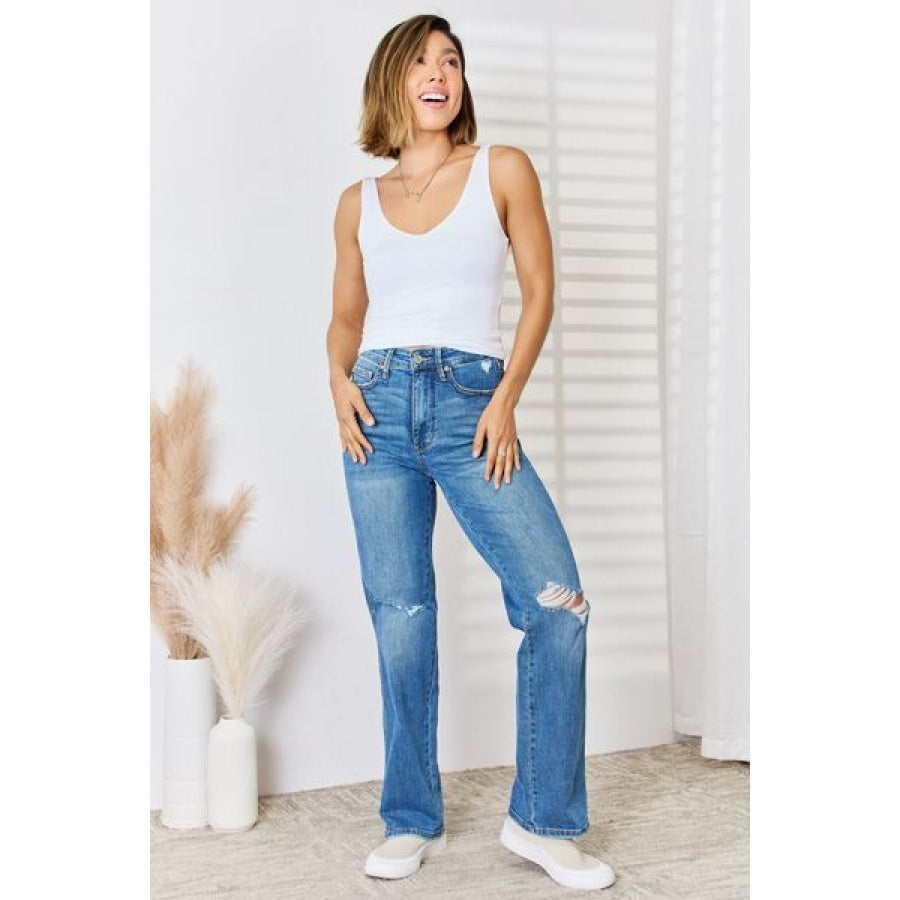 Judy Blue Full Size High Waist Distressed Straight-Leg Jeans Apparel and Accessories