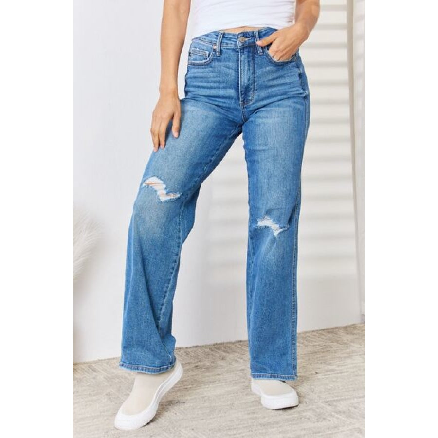 Judy Blue Full Size High Waist Distressed Straight-Leg Jeans Medium / Apparel and Accessories