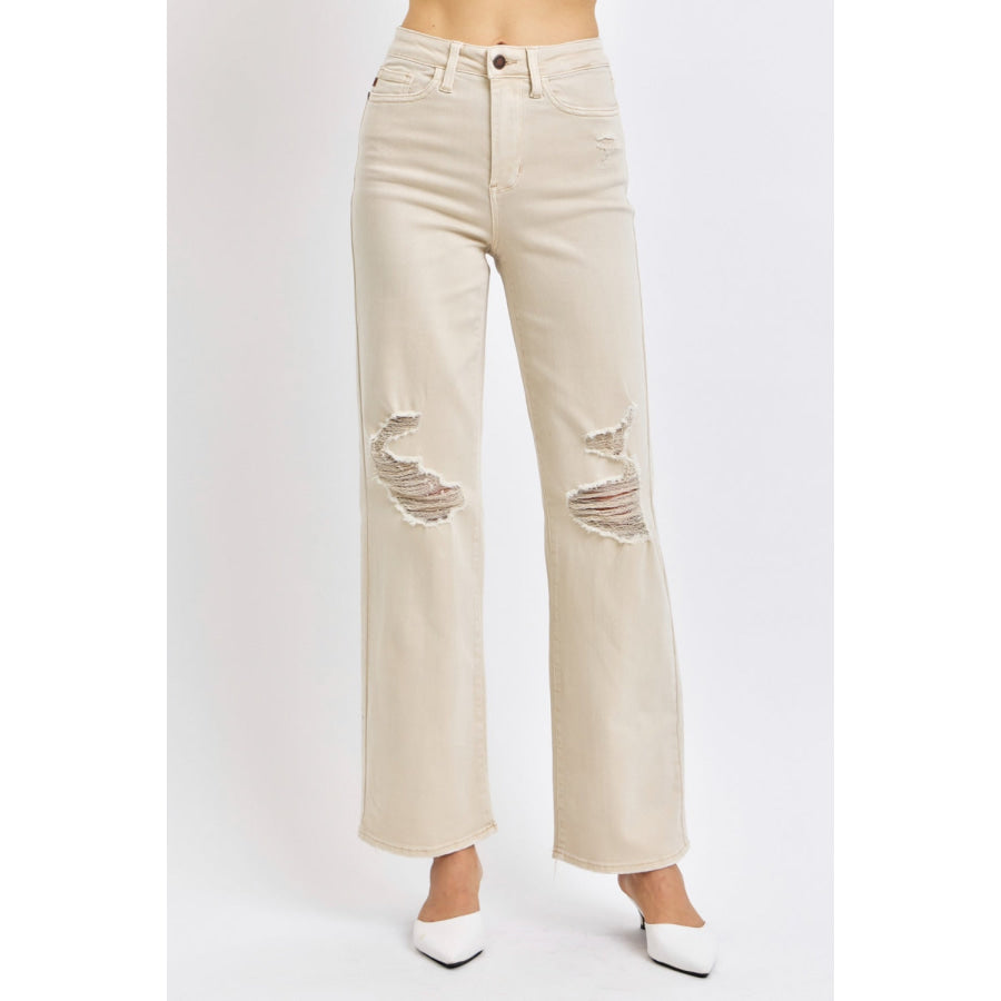 Judy Blue Full Size High Waist Distressed Wide Leg Jeans BONE / 0(24) Apparel and Accessories