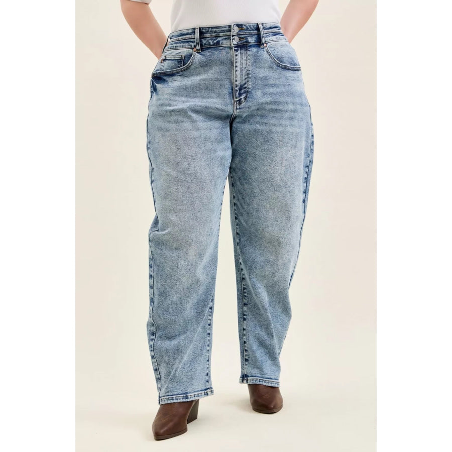 Judy Blue Full Size High Waist Marlow Arc Leg Jeans with Double Waistband Plus Size Apparel and Accessories