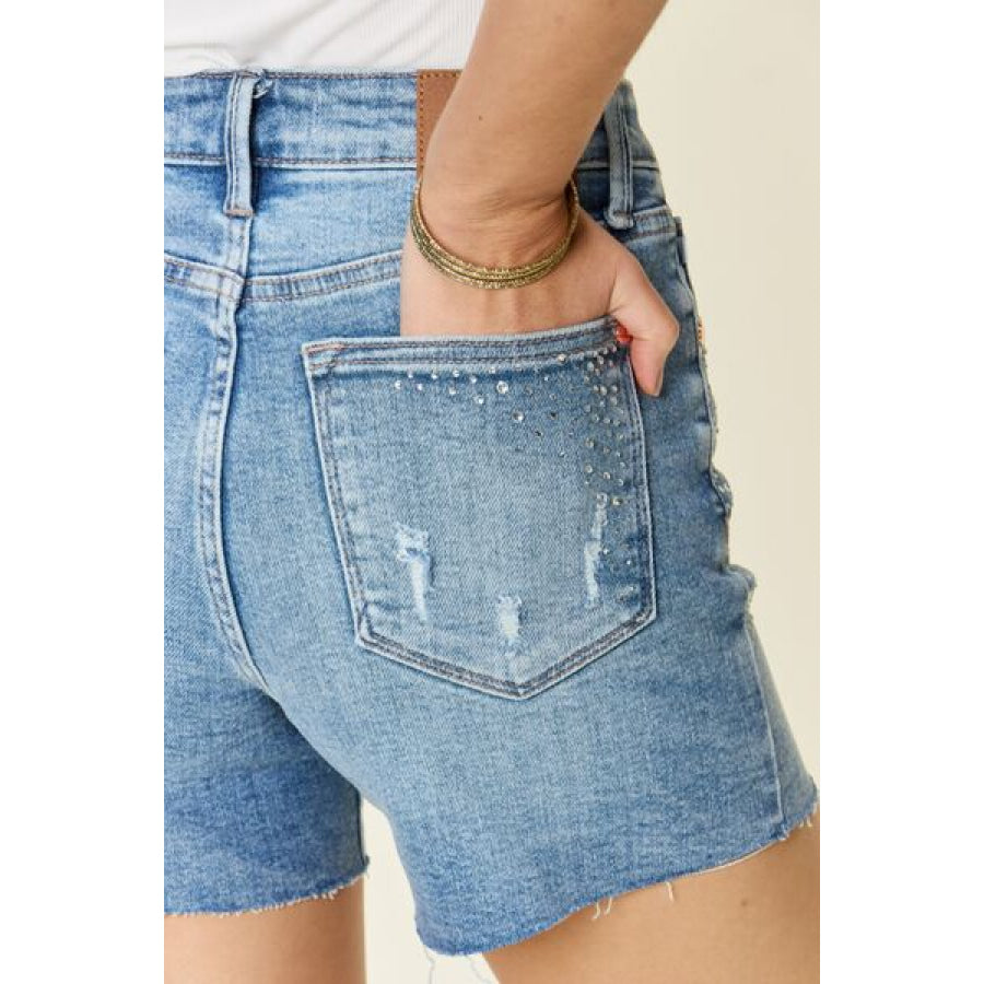 Judy Blue Full Size High Waist Rhinestone Decor Denim Shorts Apparel and Accessories