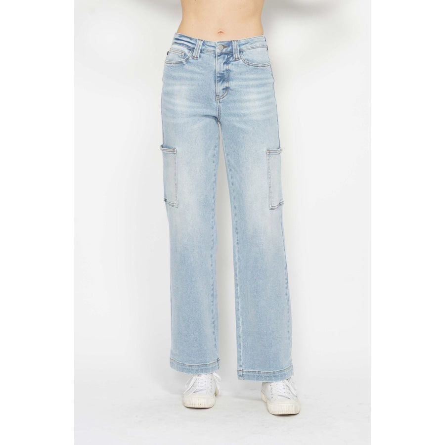 Judy Blue Full Size High Waist Straight Cargo Jeans Light / Apparel and Accessories