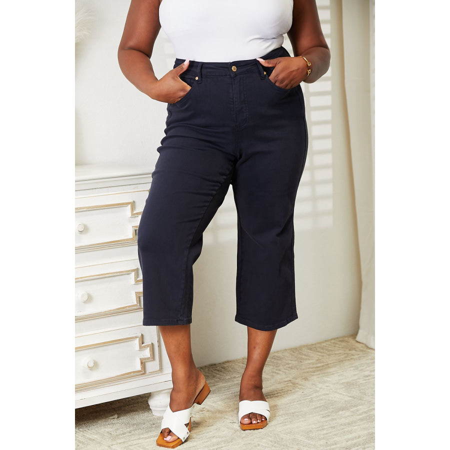 Judy Blue Full Size High Waist Tummy Control Garment Dyed Wide Cropped Jeans Navy Blue / 0(24) Apparel and Accessories