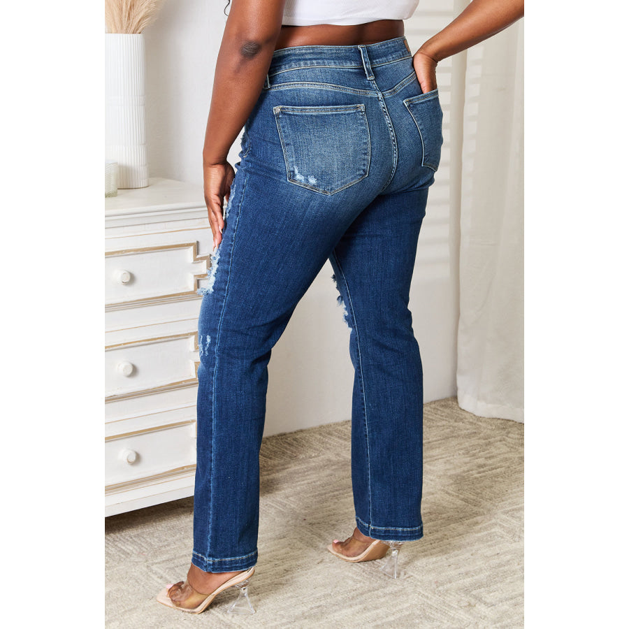 Judy Blue Full Size Mid Rise Hand Sand & Destroy Bootcut Jeans Dark / 1(25) Apparel and Accessories