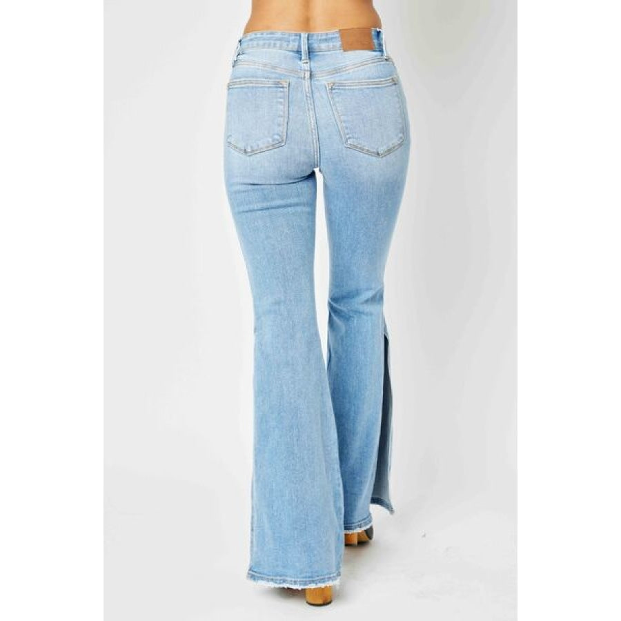 Judy Blue Full Size Mid Rise Raw Hem Slit Flare Jeans Apparel and Accessories