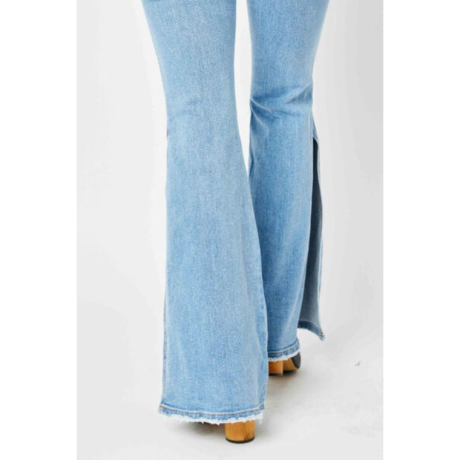 Judy Blue Full Size Mid Rise Raw Hem Slit Flare Jeans Apparel and Accessories