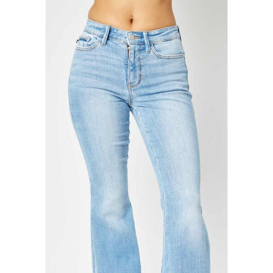 Judy Blue Full Size Mid Rise Raw Hem Slit Flare Jeans Medium / 1(25) Apparel and Accessories