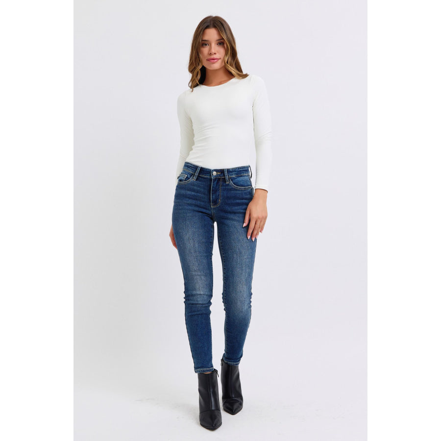 Judy Blue Full Size Mid-Rise Waist Skinny Jeans with Pockets Apparel and Accessories