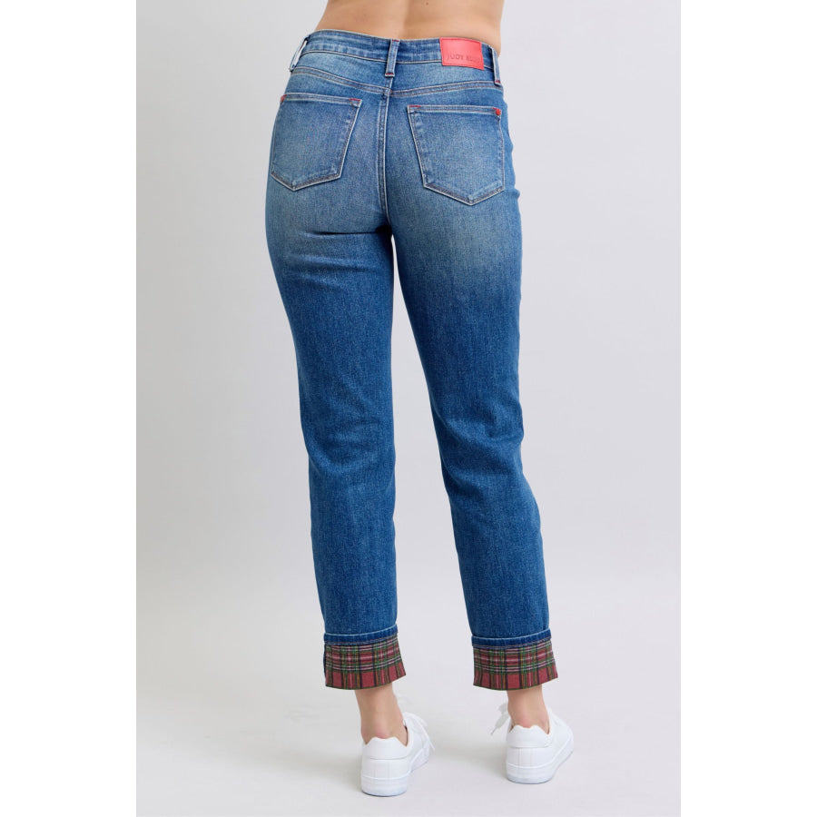 Judy Blue Full Size Plaid Print Cuff Straight Leg Jeans with Pockets Apparel and Accessories