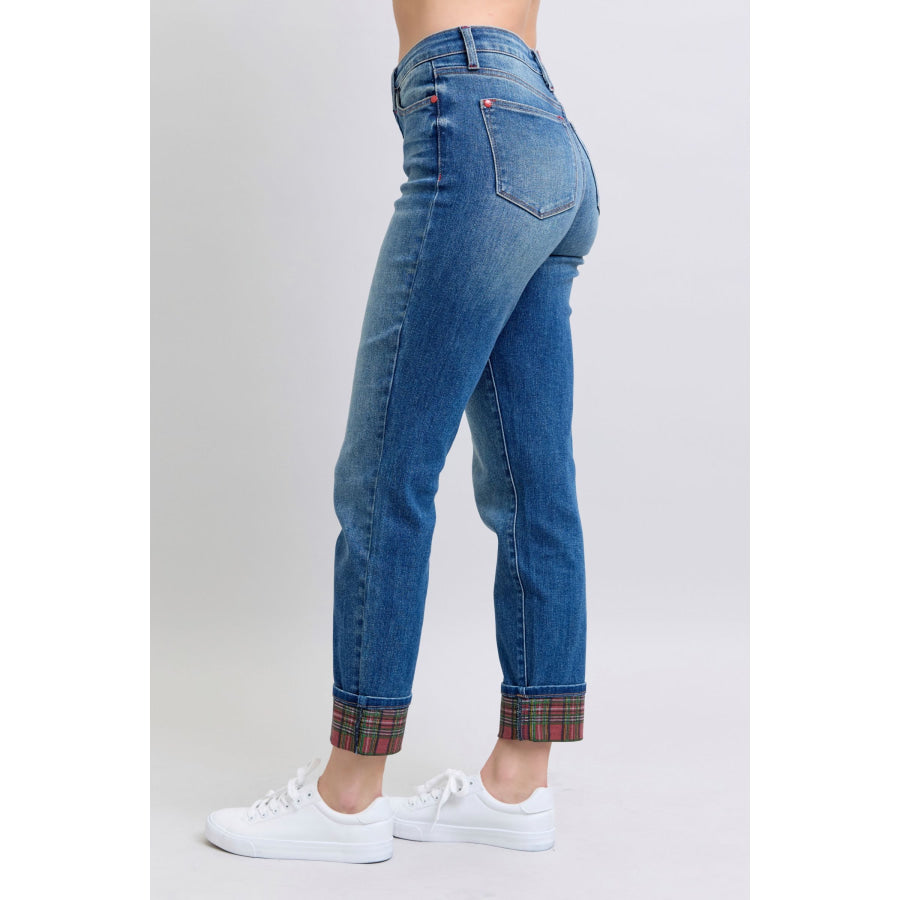 Judy Blue Full Size Plaid Print Cuff Straight Leg Jeans with Pockets Apparel and Accessories