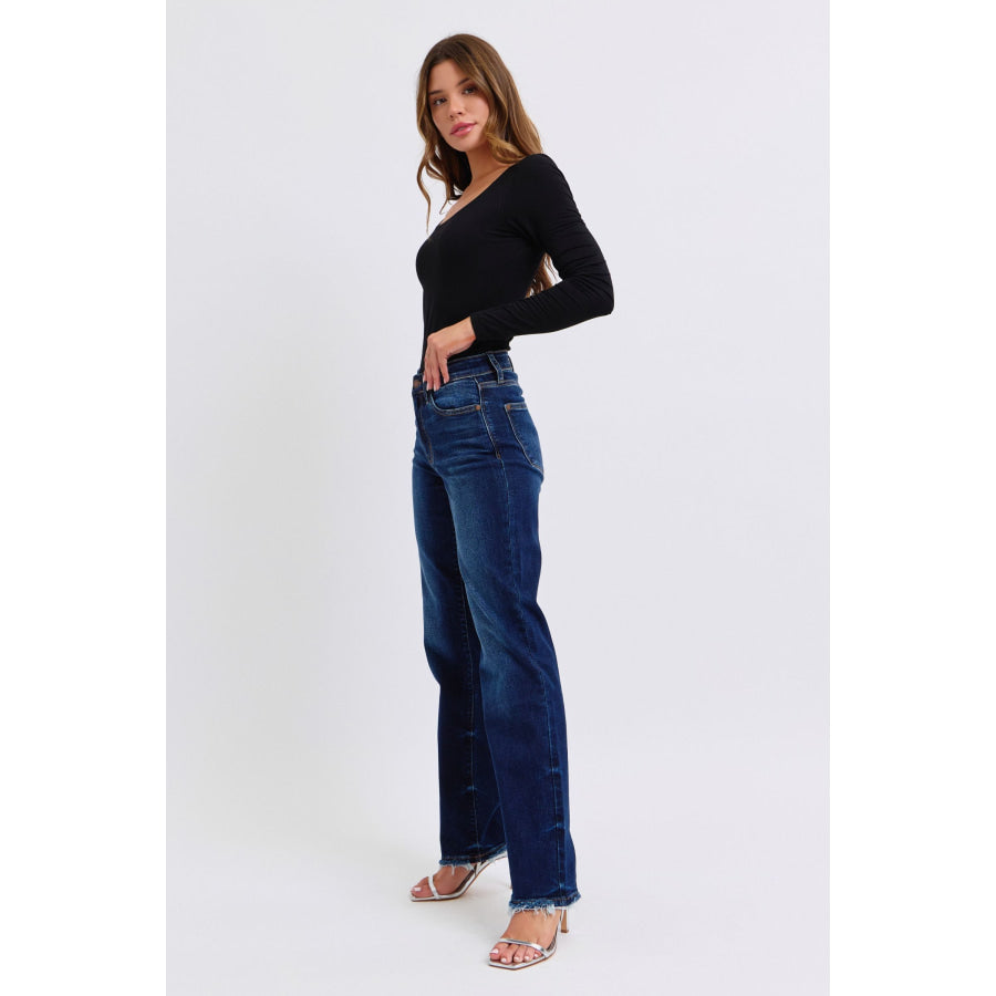 Judy Blue Full Size Raw Hem Straight Leg Jeans Apparel and Accessories