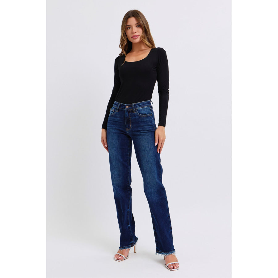 Judy Blue Full Size Raw Hem Straight Leg Jeans Apparel and Accessories