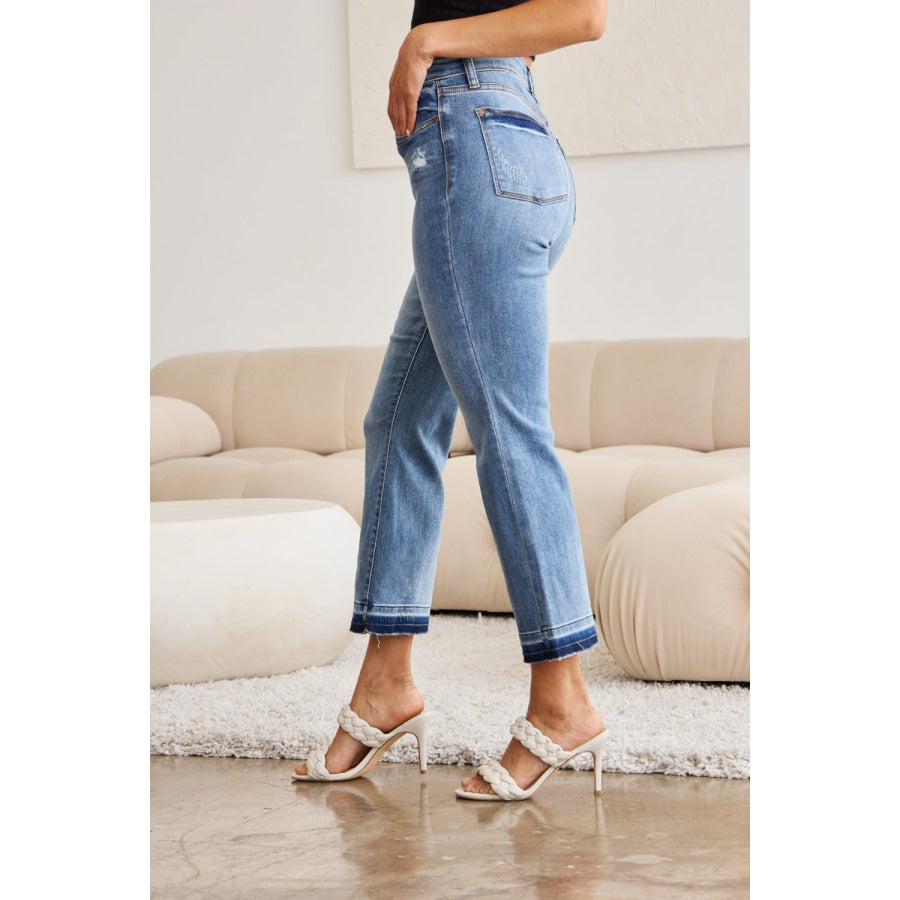 Judy Blue Full Size Release Hem Cropped Bootcut Jeans Apparel and Accessories