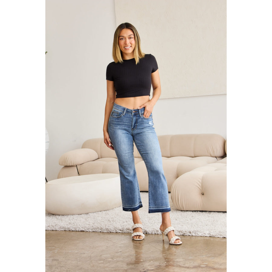 Judy Blue Full Size Release Hem Cropped Bootcut Jeans Apparel and Accessories