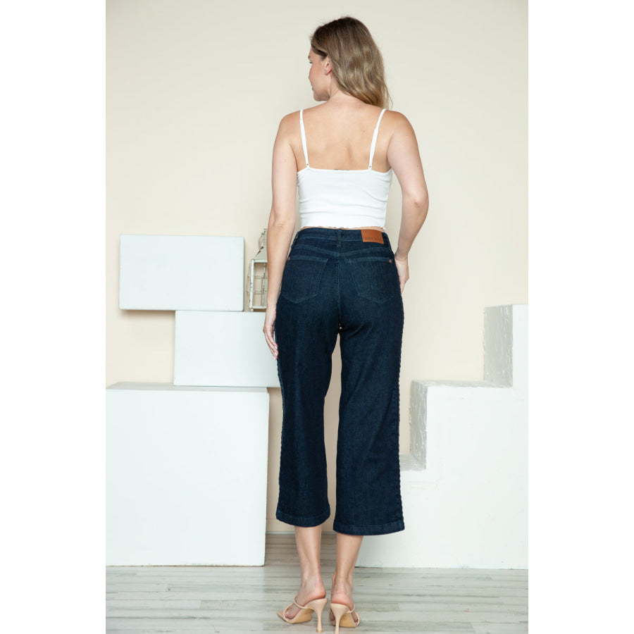 Judy Blue Full Size Side Seam Braid Detail Crop Wide Leg Jeans Apparel and Accessories