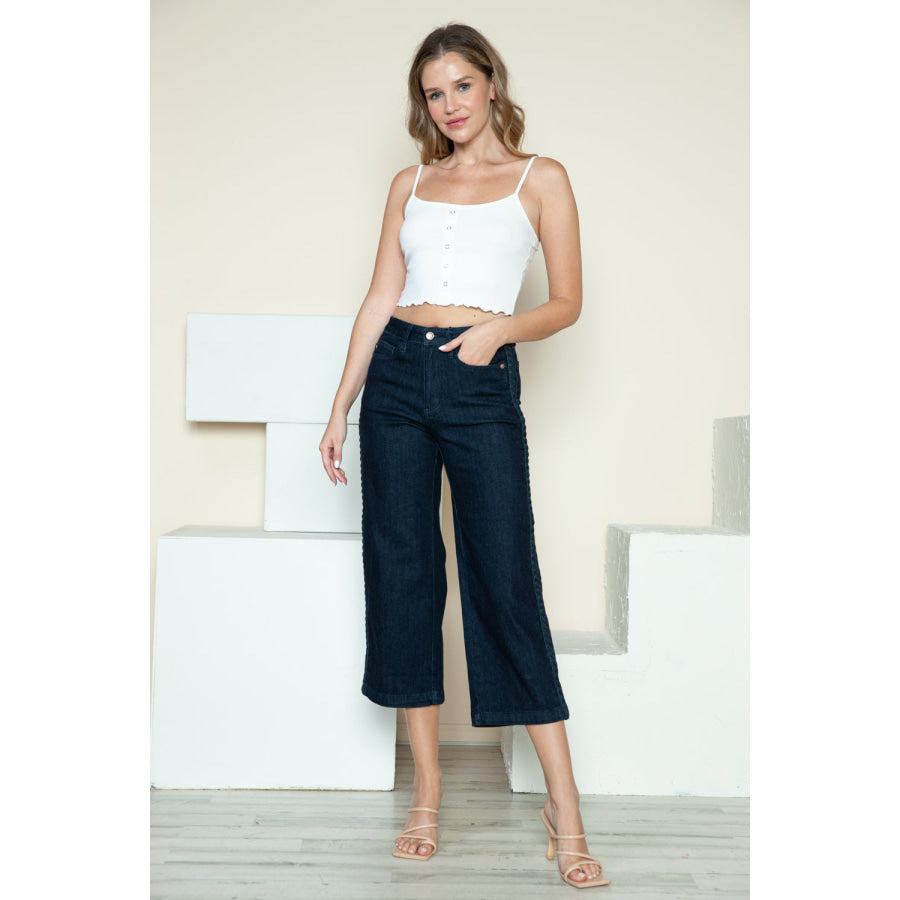 Judy Blue Full Size Side Seam Braid Detail Crop Wide Leg Jeans Apparel and Accessories