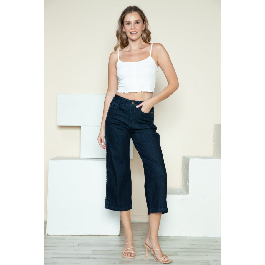 Judy Blue Full Size Side Seam Braid Detail Crop Wide Leg Jeans Apparel and Accessories