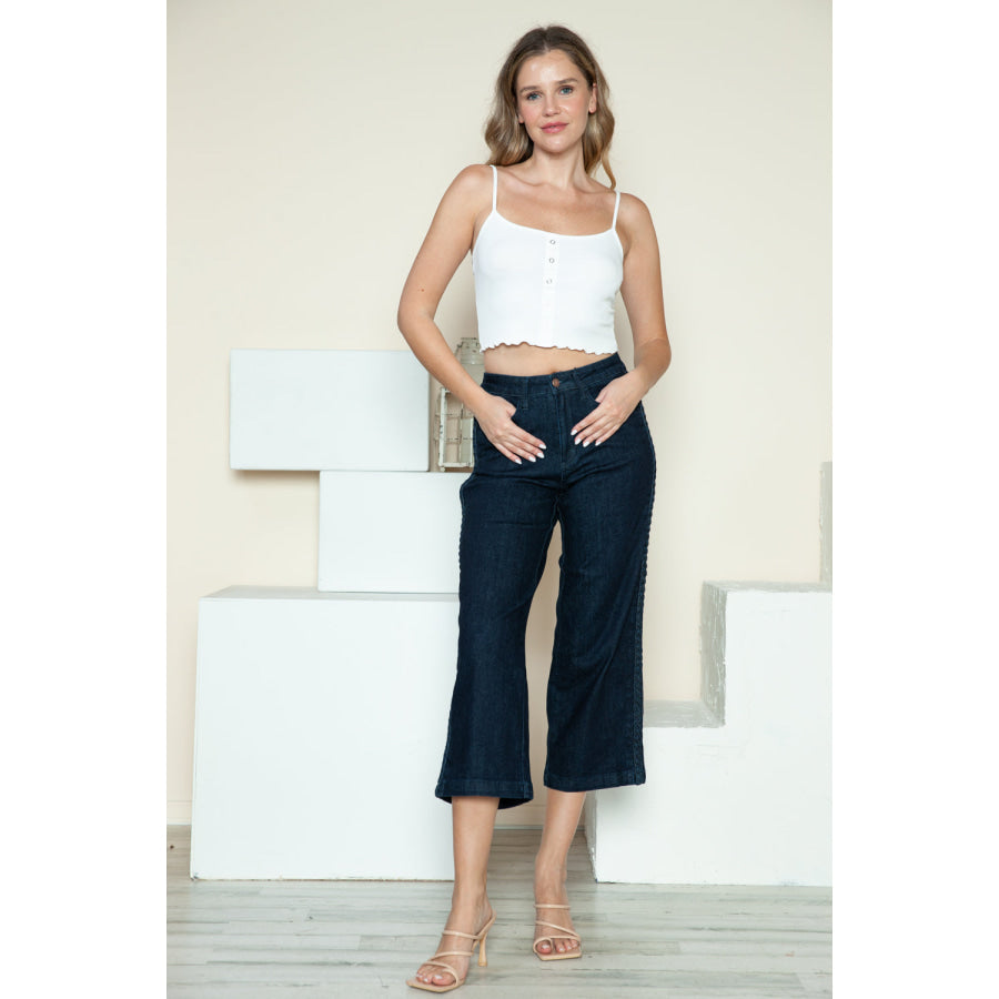 Judy Blue Full Size Side Seam Braid Detail Crop Wide Leg Jeans Apparel and Accessories