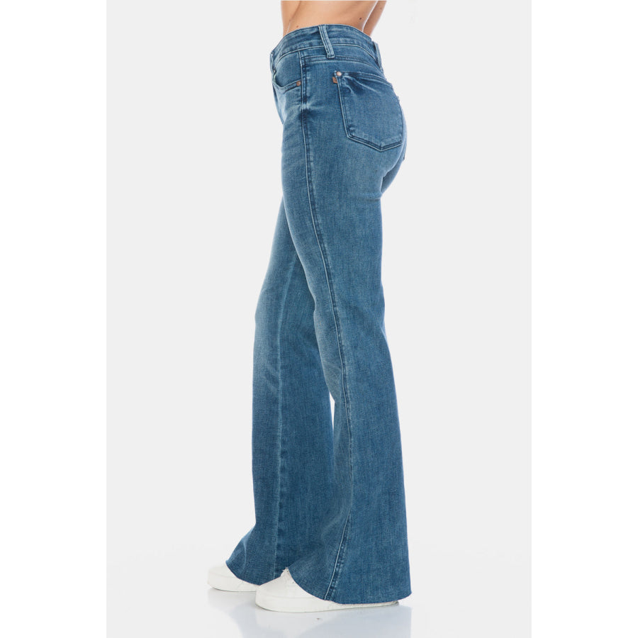 Judy Blue Full Size Tummy Control Cut Hem Flare Jeans Apparel and Accessories