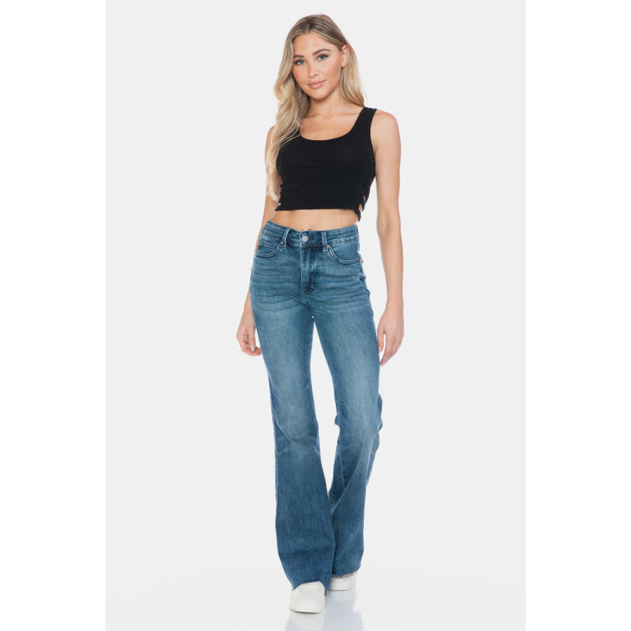 Judy Blue Full Size Tummy Control Cut Hem Flare Jeans Apparel and Accessories