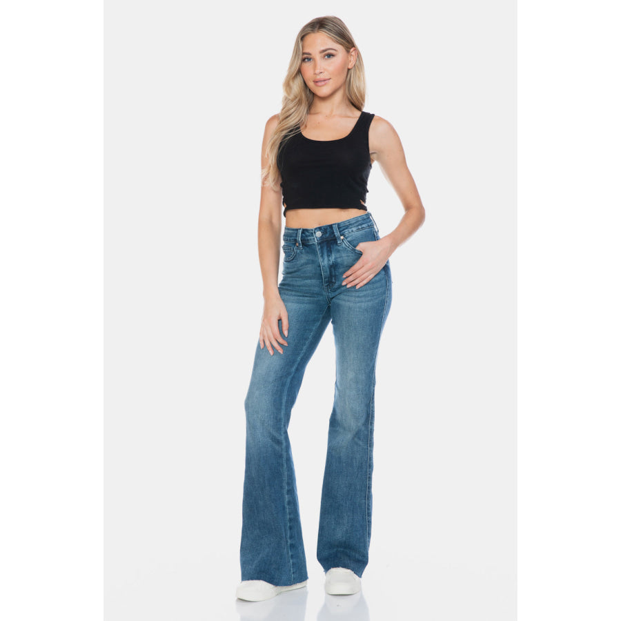 Judy Blue Full Size Tummy Control Cut Hem Flare Jeans Apparel and Accessories