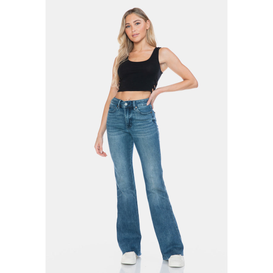 Judy Blue Full Size Tummy Control Cut Hem Flare Jeans Apparel and Accessories