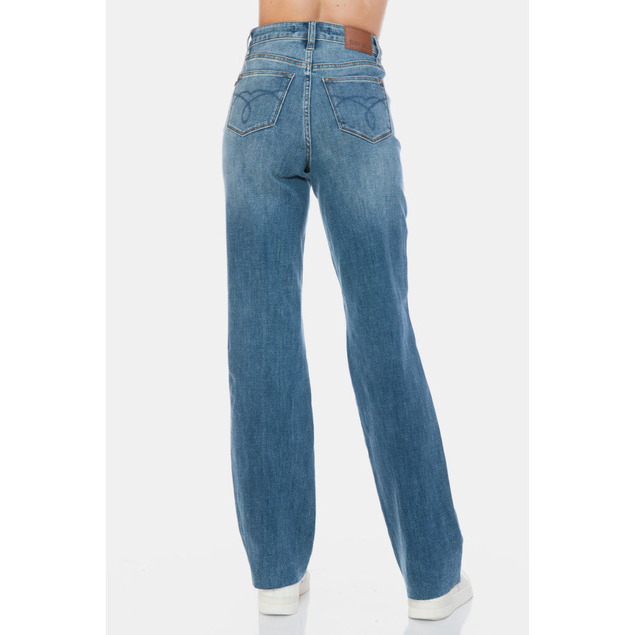 Judy Blue Full Size Tummy Control Cut Raw Hem Straight Jeans Apparel and Accessories