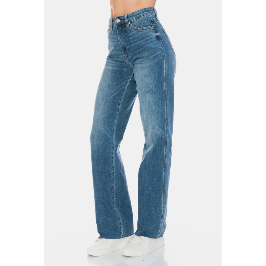 Judy Blue Full Size Tummy Control Cut Raw Hem Straight Jeans Apparel and Accessories