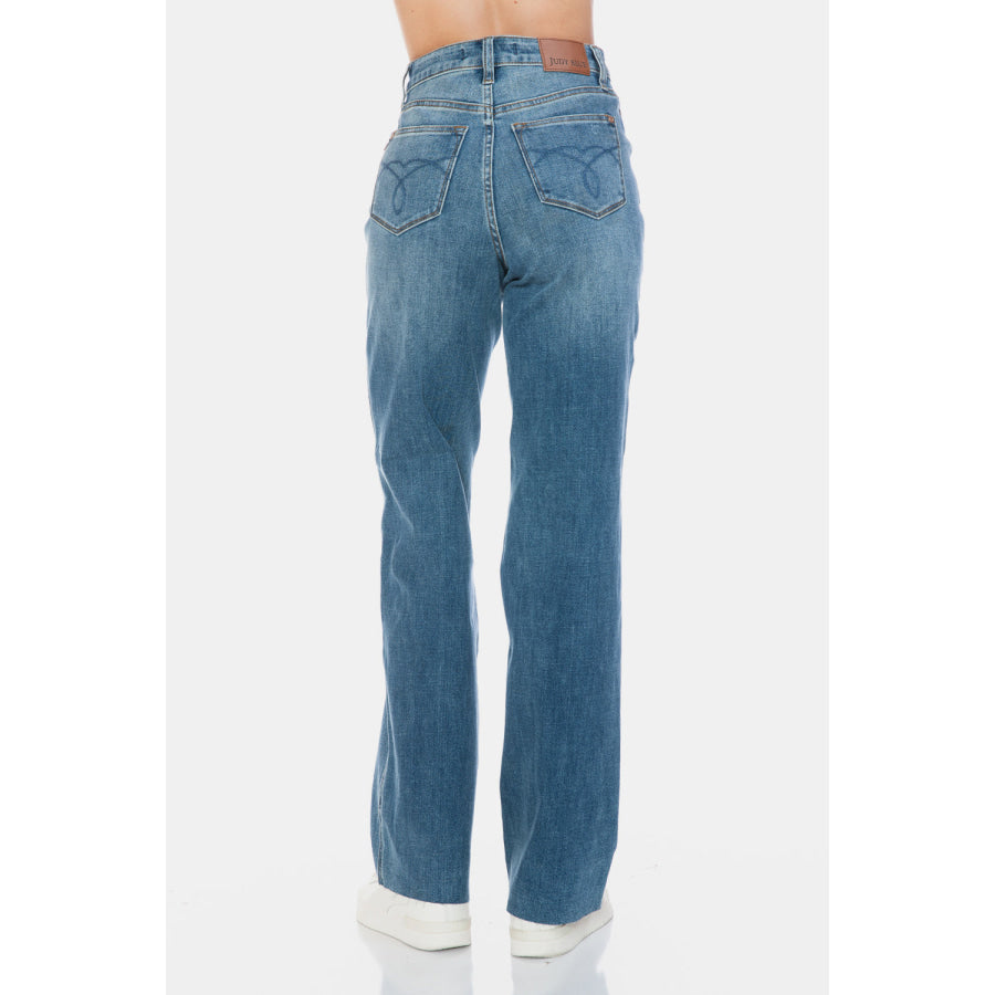 Judy Blue Full Size Tummy Control Cut Raw Hem Straight Jeans Apparel and Accessories