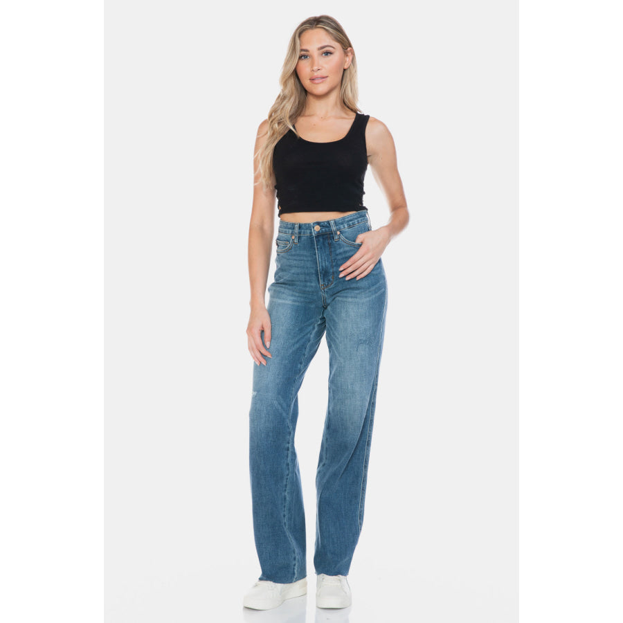 Judy Blue Full Size Tummy Control Cut Raw Hem Straight Jeans Apparel and Accessories