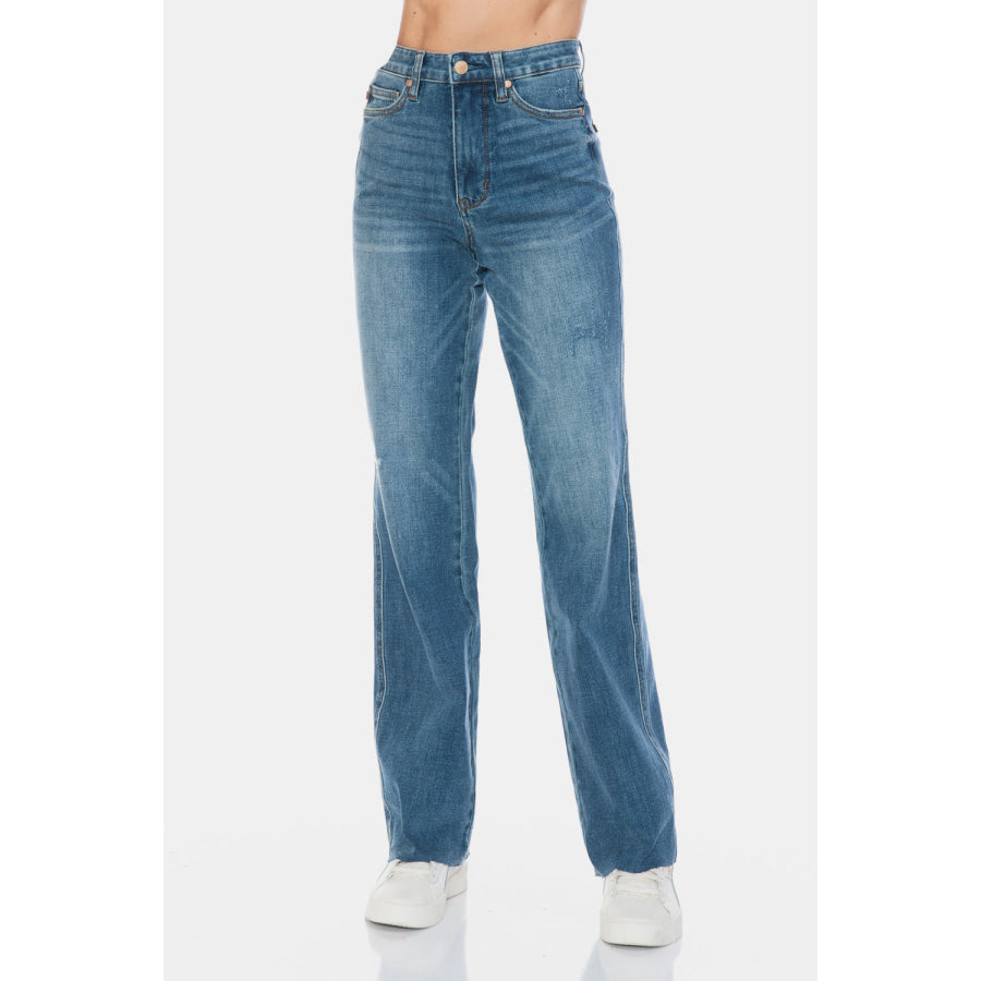 Judy Blue Full Size Tummy Control Cut Raw Hem Straight Jeans Apparel and Accessories