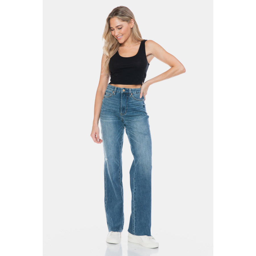 Judy Blue Full Size Tummy Control Cut Raw Hem Straight Jeans Apparel and Accessories