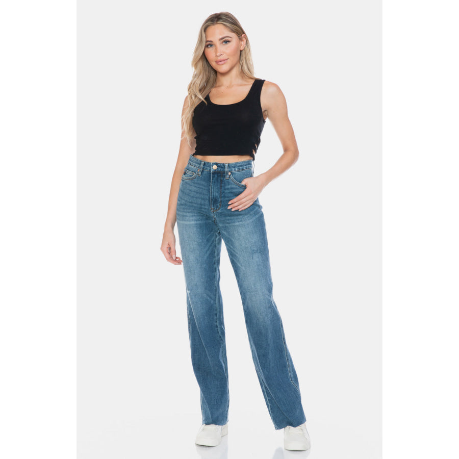 Judy Blue Full Size Tummy Control Cut Raw Hem Straight Jeans Apparel and Accessories