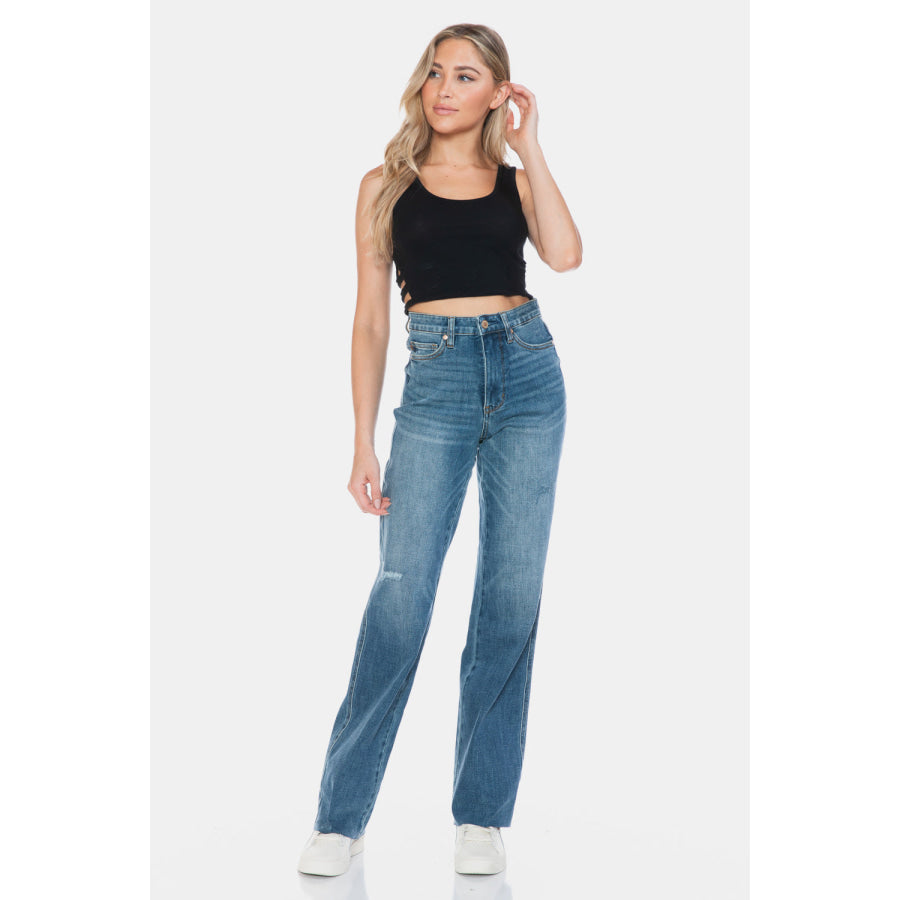 Judy Blue Full Size Tummy Control Cut Raw Hem Straight Jeans Apparel and Accessories