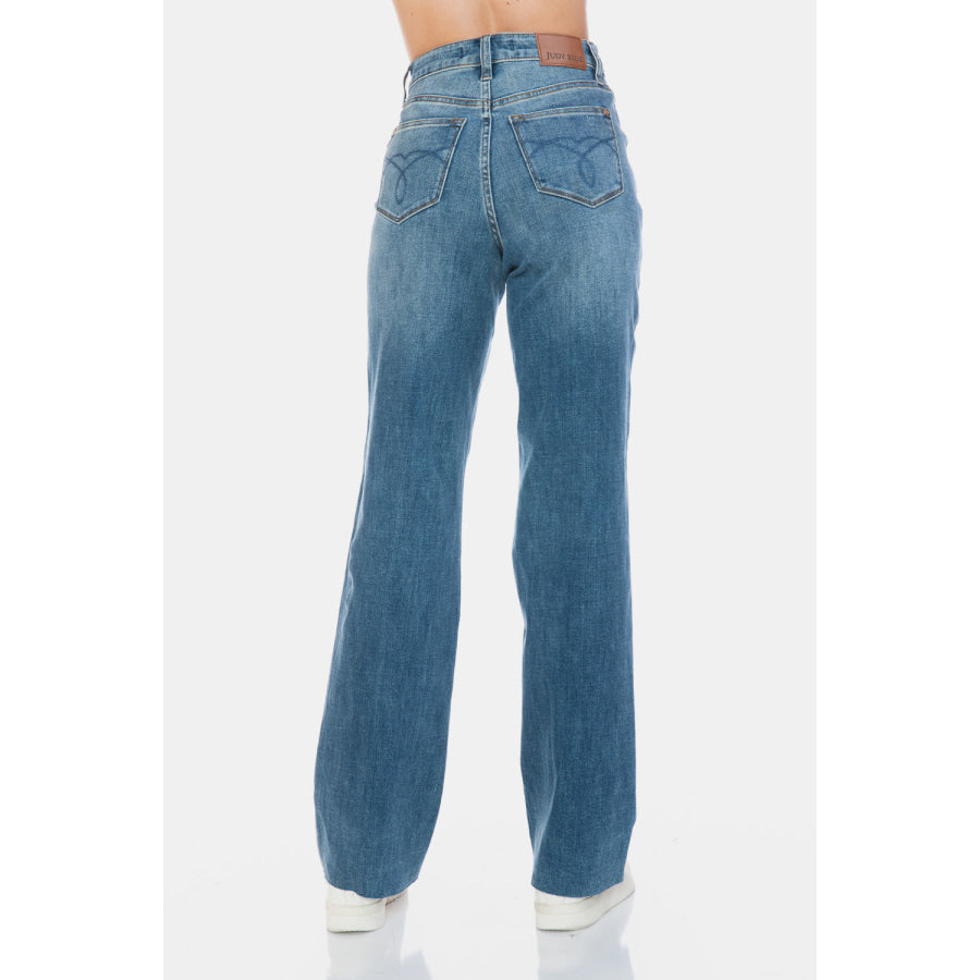 Judy Blue Full Size Tummy Control Cut Raw Hem Straight Jeans Apparel and Accessories