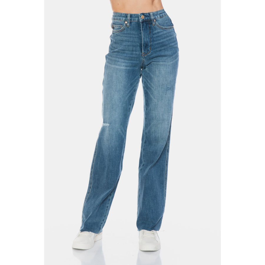 Judy Blue Full Size Tummy Control Cut Raw Hem Straight Jeans Medium / 0/24 Apparel and Accessories