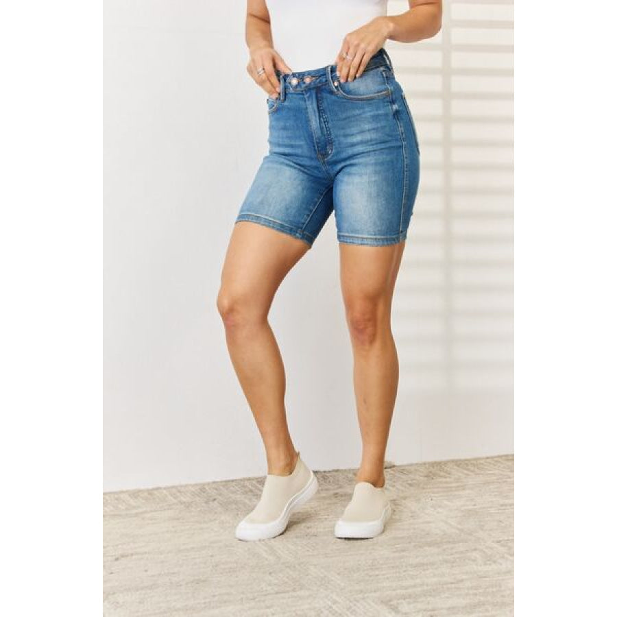 Judy Blue Full Size Tummy Control Double Button Bermuda Denim Shorts Apparel and Accessories
