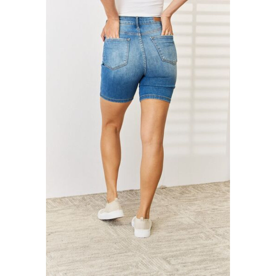 Judy Blue Full Size Tummy Control Double Button Bermuda Denim Shorts Apparel and Accessories