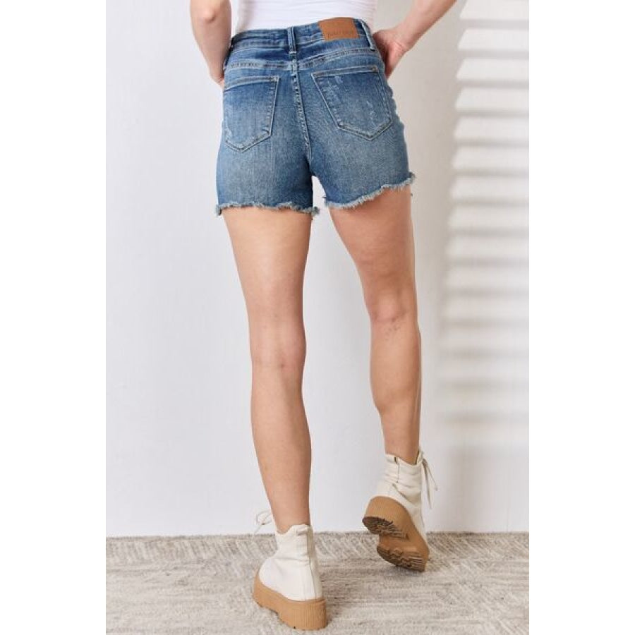 Judy Blue Full Size Tummy Control Fray Hem Shorts Apparel and Accessories