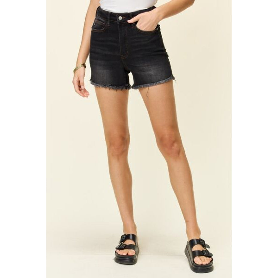Judy Blue Full Size Tummy Control Fray Hem Shorts Black / S Apparel and Accessories