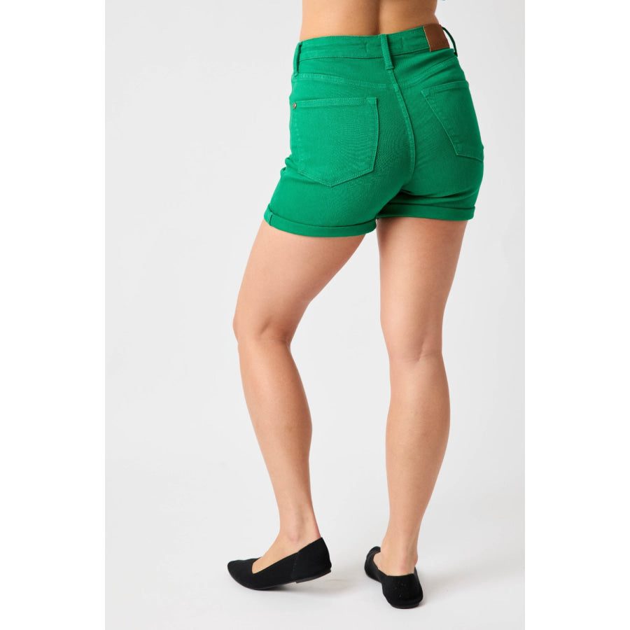 Judy Blue Full Size Tummy Control Garment Dyed Denim Shorts K GREEN / S Apparel and Accessories
