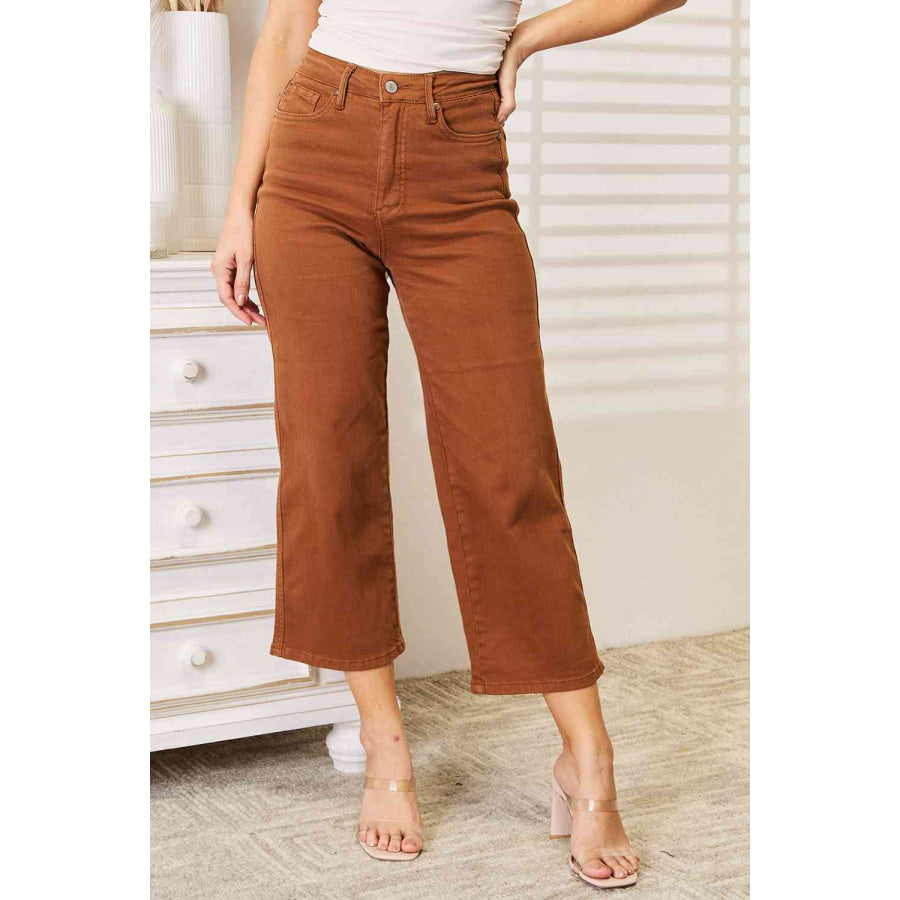 Judy Blue Full Size Tummy Control Garment Dyed Wide Crop Caramel / 0(24) Apparel and Accessories
