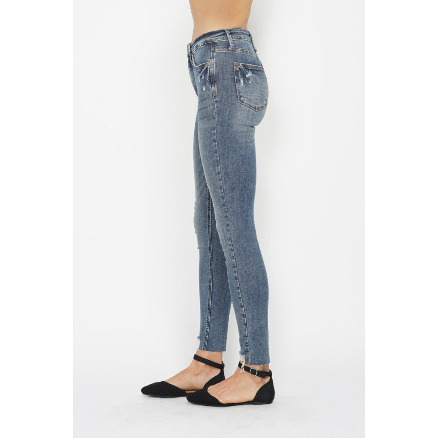 Judy Blue Full Size Tummy Control Vintage Wash Hem Destroy Skinny Jeans Apparel and Accessories