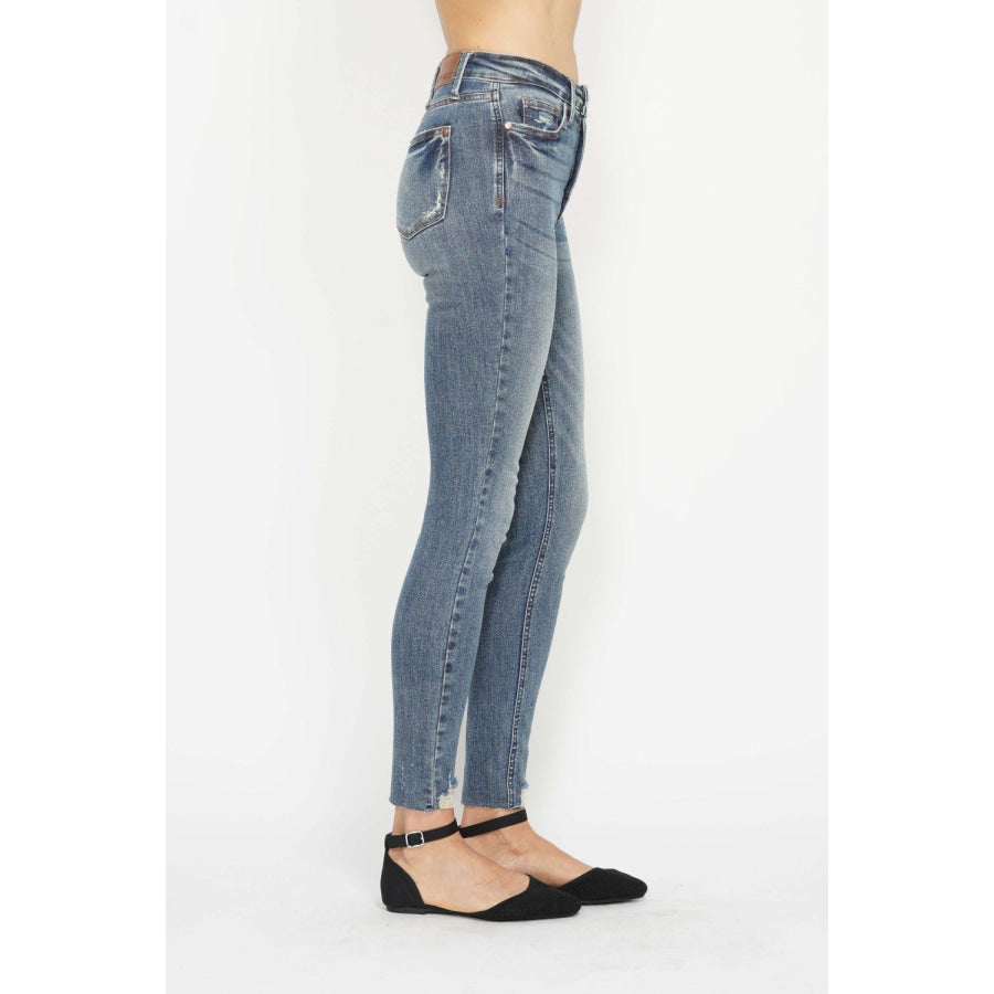 Judy Blue Full Size Tummy Control Vintage Wash Hem Destroy Skinny Jeans Apparel and Accessories