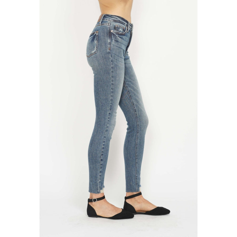 Judy Blue Full Size Tummy Control Vintage Wash Hem Destroy Skinny Jeans Apparel and Accessories