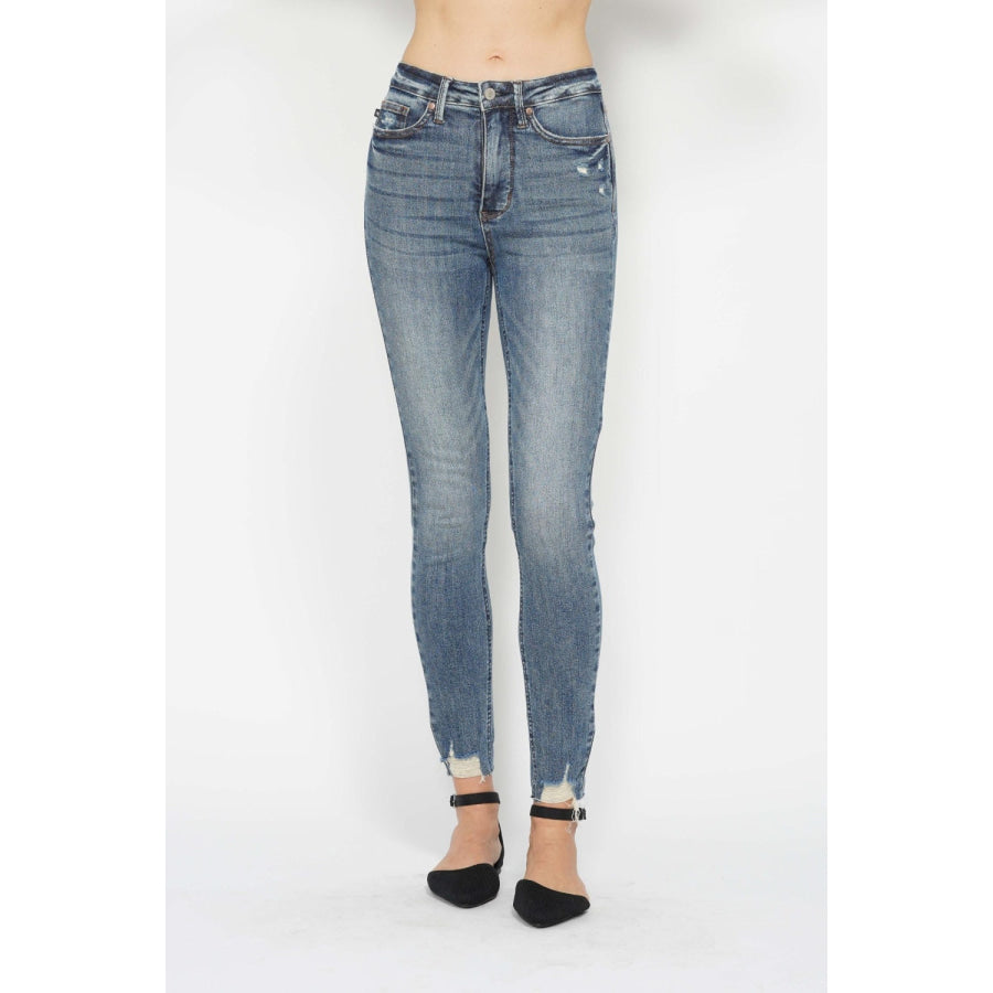 Judy Blue Full Size Tummy Control Vintage Wash Hem Destroy Skinny Jeans Apparel and Accessories